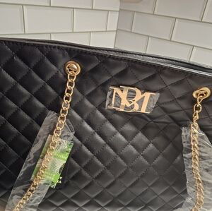 NWT Badgley Mischka Black Quilted Shoulder Bag with Gold Accents